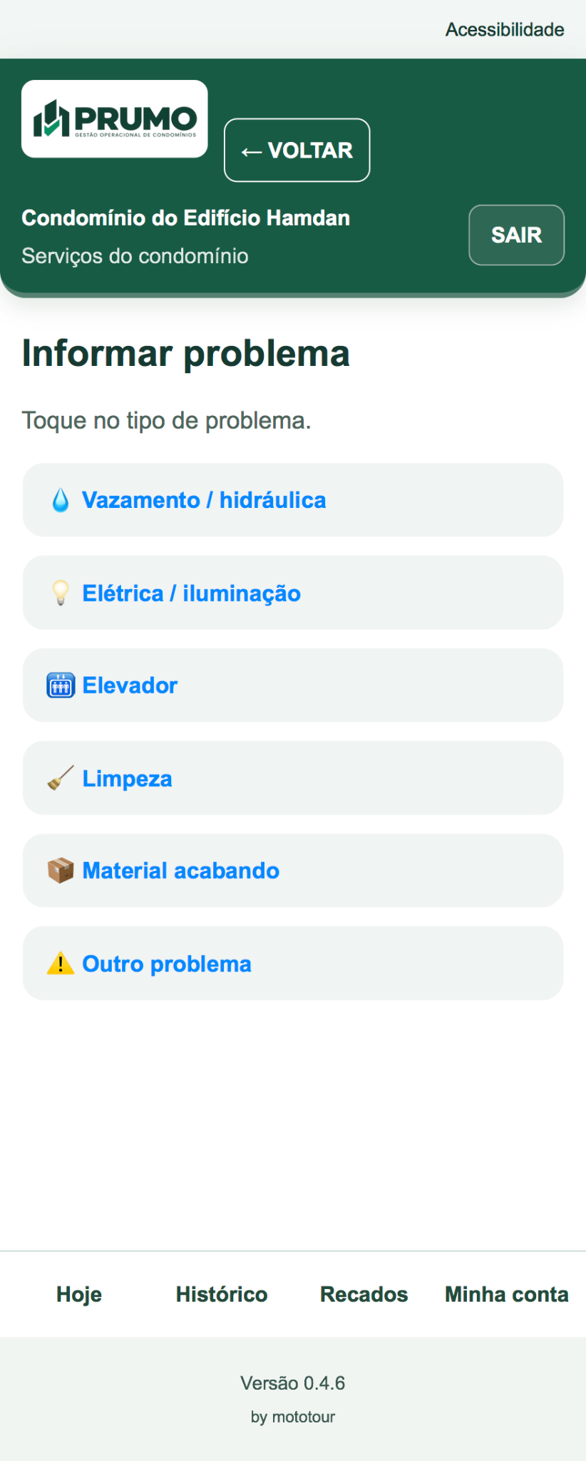 Tela real do PRUMO com opções para informar vazamento, falha elétrica, elevador, limpeza e falta de material